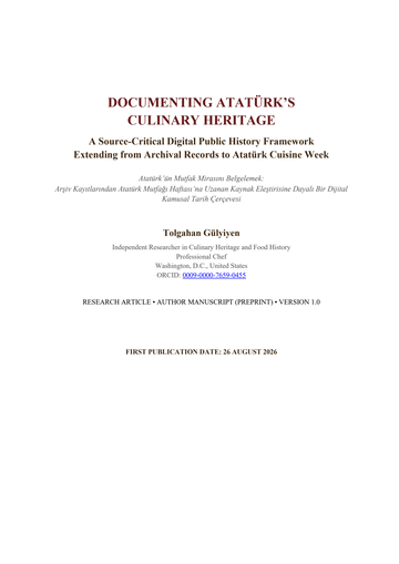 First page of the English deposit — “Documenting Atatürk's Culinary Heritage”, Tolgahan Gülyiyen, preprint, version 1.0, 26 August 2026